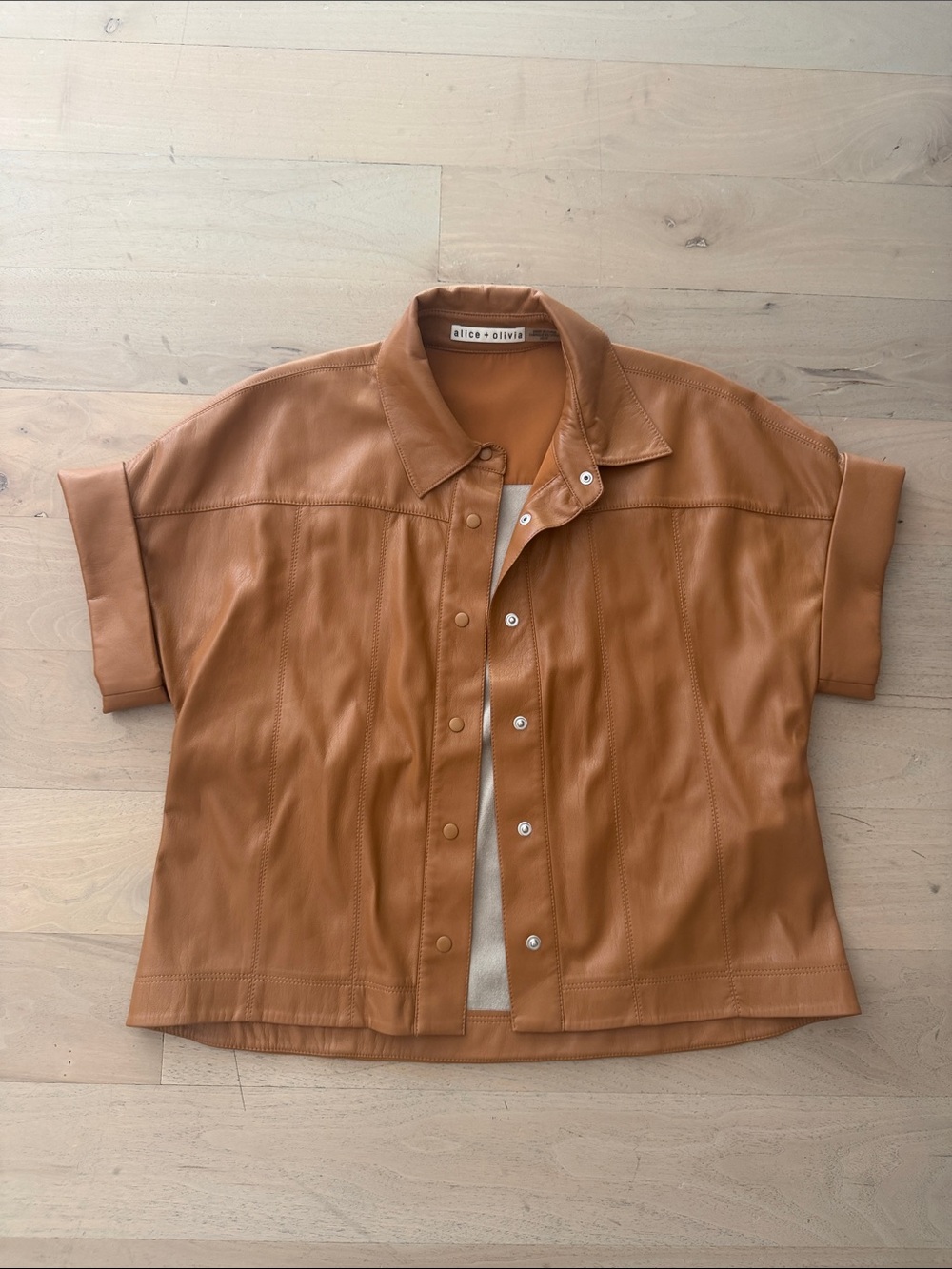 Alice + Olivia Cognac Short-Sleeve Leather Button-Front Shirt